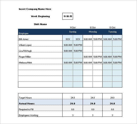 employee shift template in excel