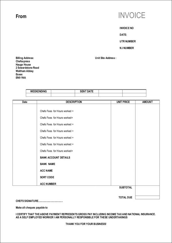fillable selfemployed chef invoice template