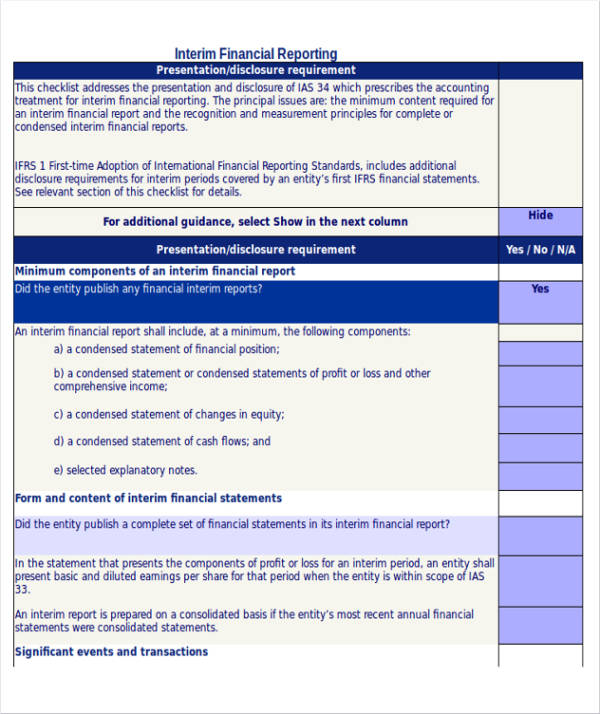 financial reporting compliance checklist sample