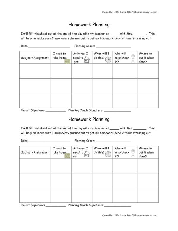homework planning sheet for teachers and students