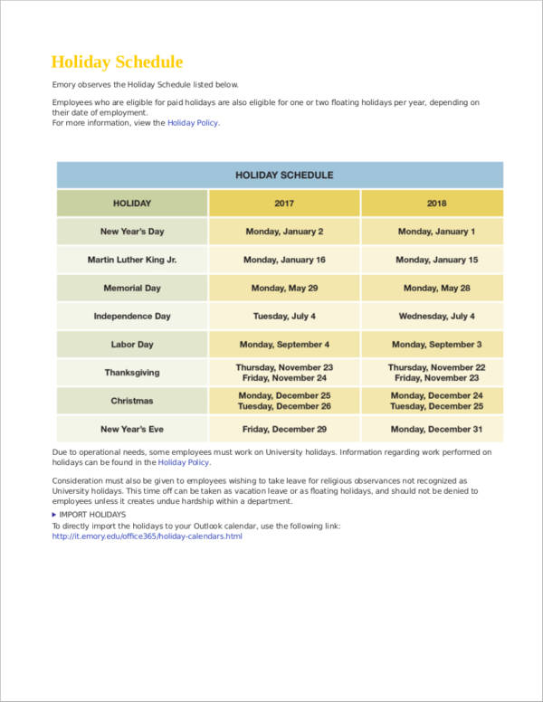 Office Holiday Calendar Template PDF Template
