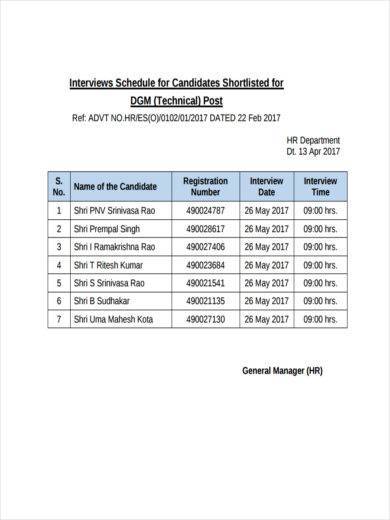 interview schedule sample for shortlisted candidates