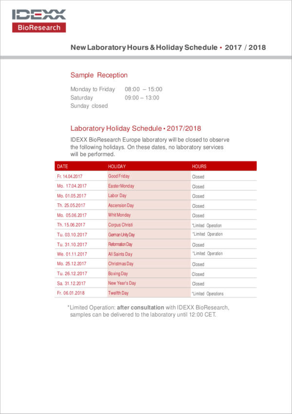 laboratory holiday schedule sample