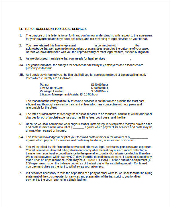 letter of agreement for legal services sample