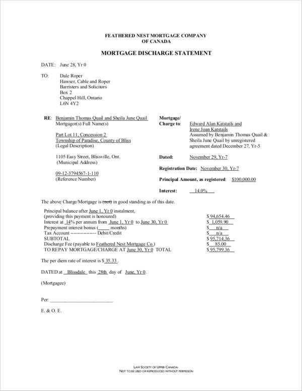 mortgage discharge statement sample