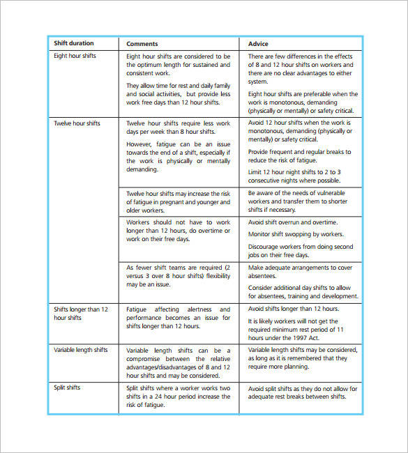 night shift work schedule template 