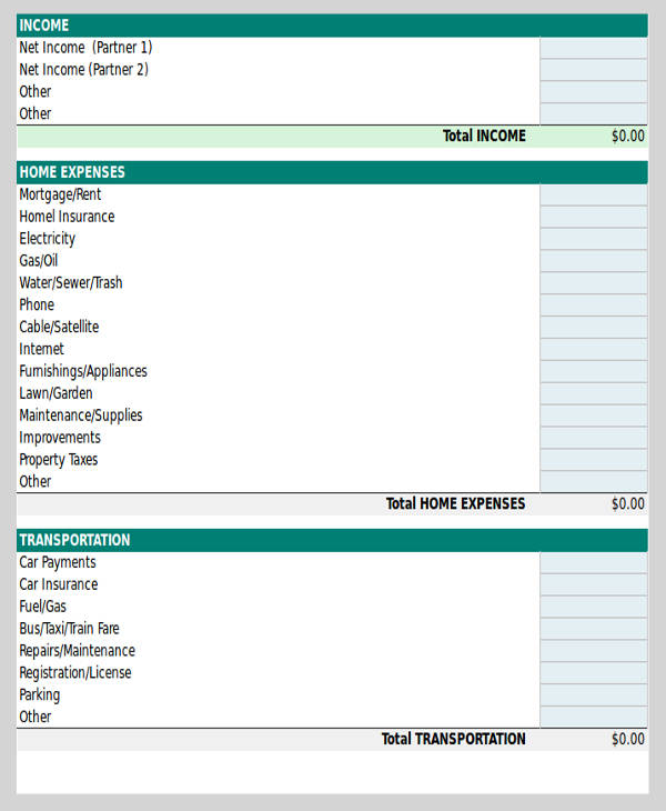 personal budget spreadsheet sample