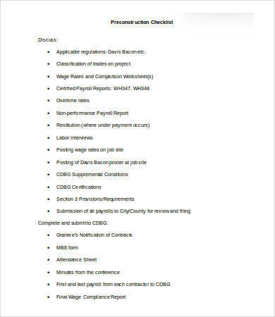 pre construction checklist sample