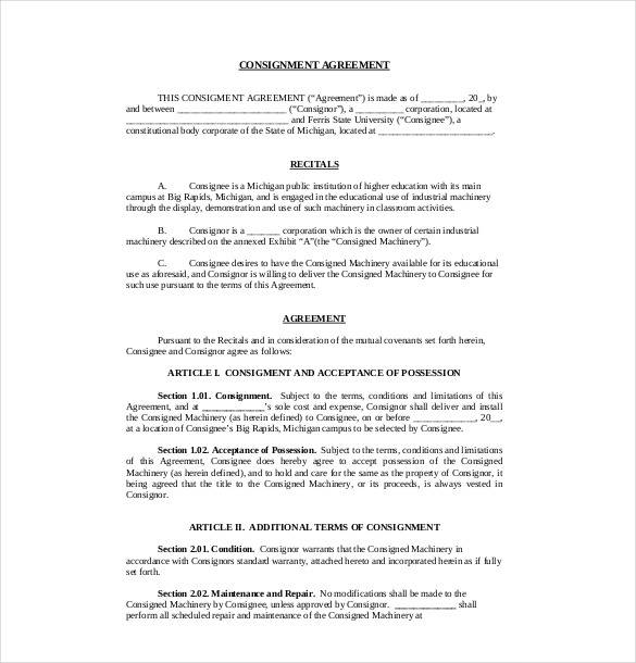 printable consignment agreement contract sample