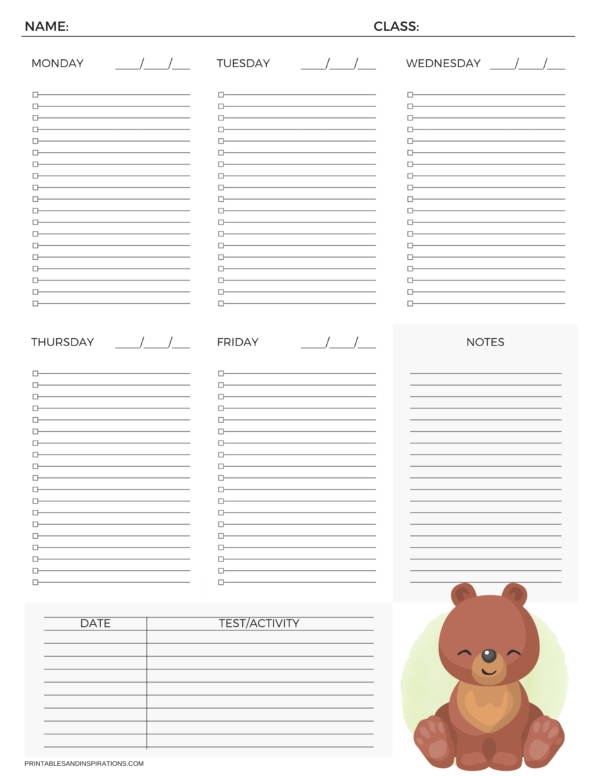 printable student weekly planner sample