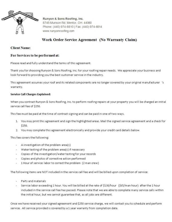 roofing work order service agreement contract