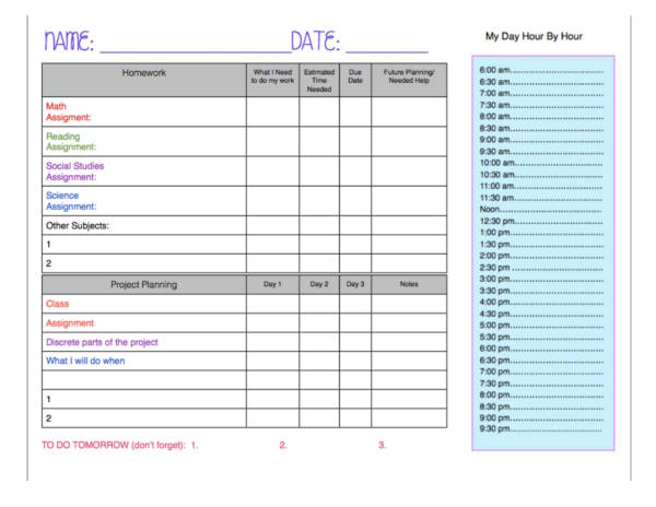 sample daily homework planner template