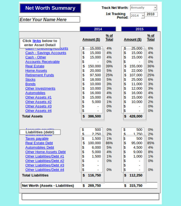 sample net worth calculator with chart