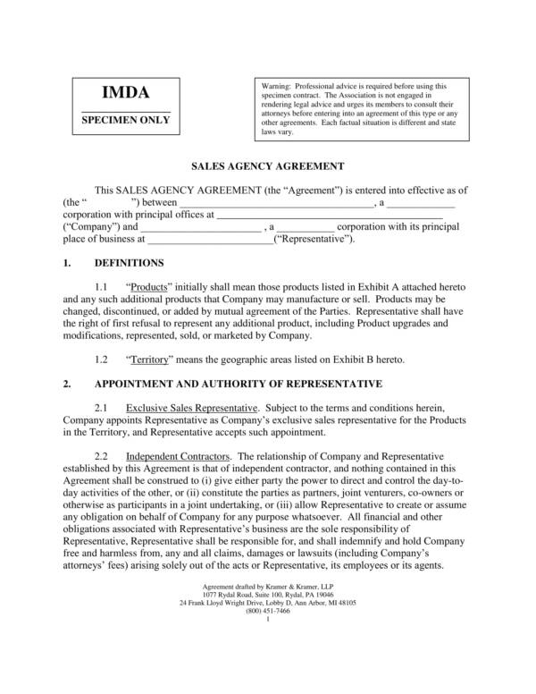 sample sales agency agreement contract template