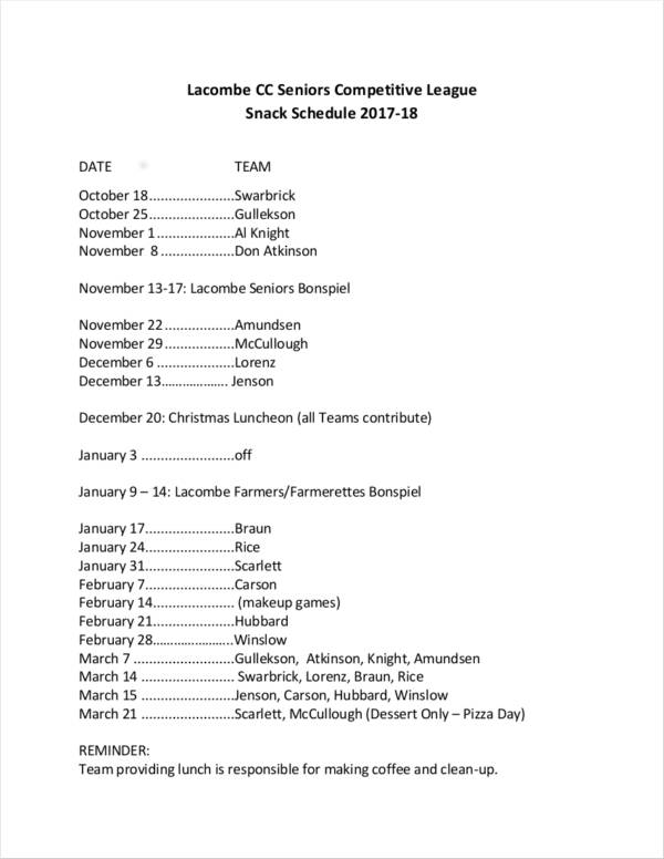 seniors competitive league snack schedule sample