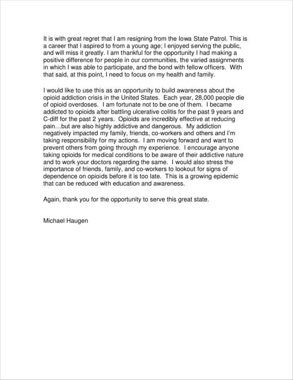 short resignation letter with regret