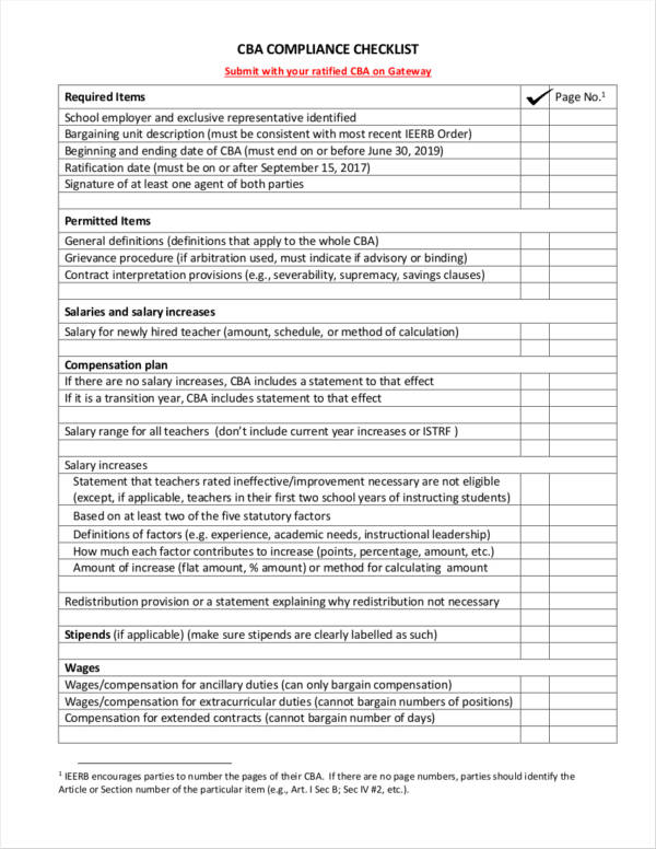 simple compliance checklist sample