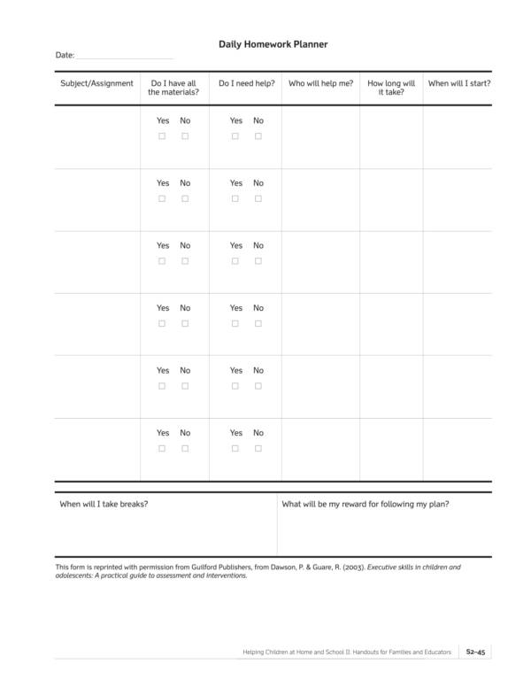 simple daily homework planner template