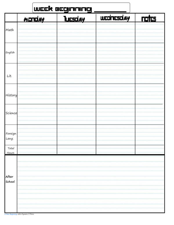 simple student planner sample