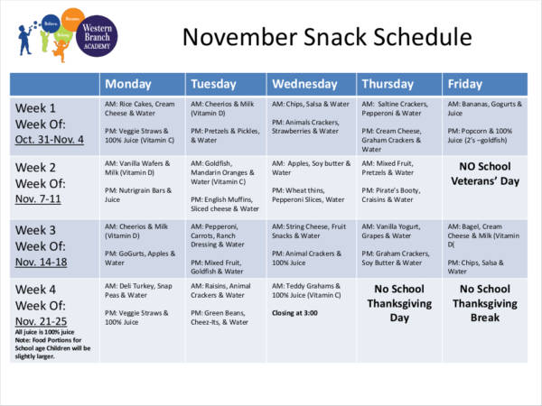 snack schedule sample for november