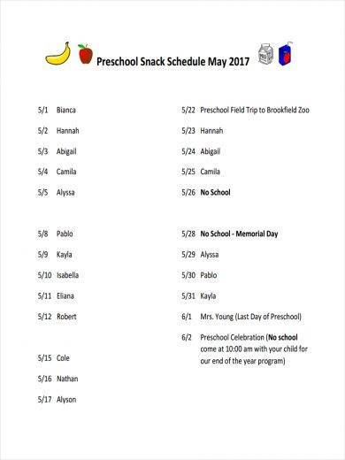 snack schedule sample for preschool