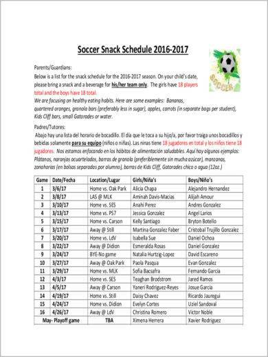 soccer snack schedule sample