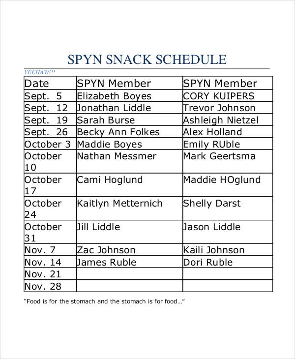 spyn snack schedule sample