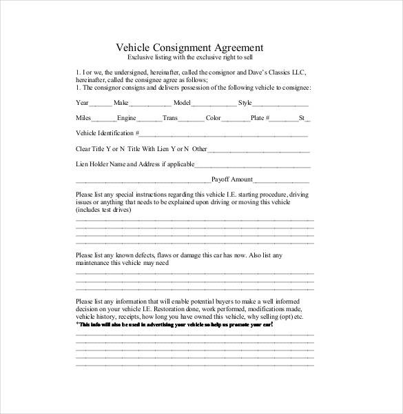 vehicle consignment agreement contract template