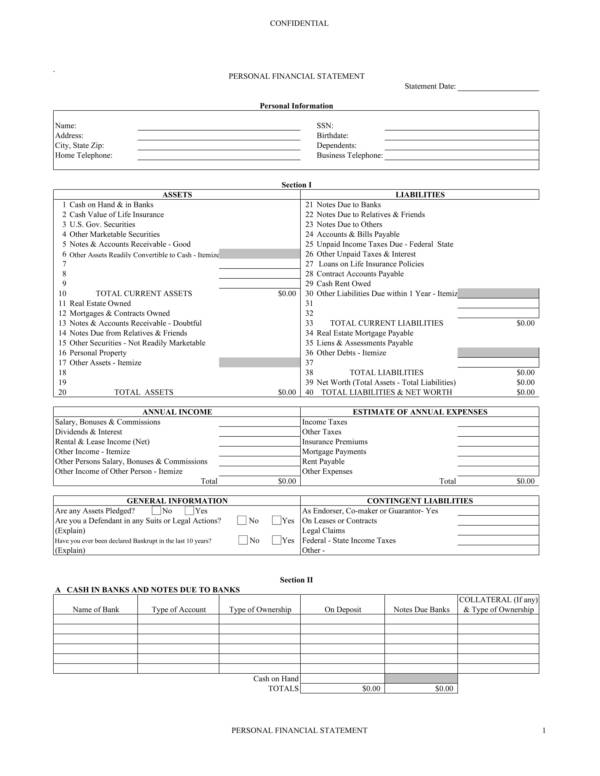 blank personal financial statement