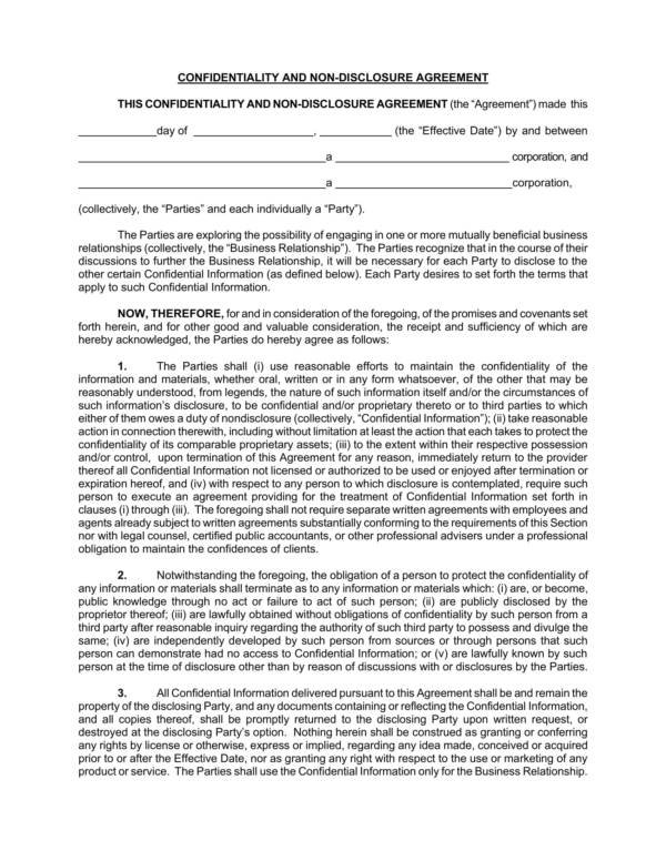 confidentiality and non disclosure agreement template