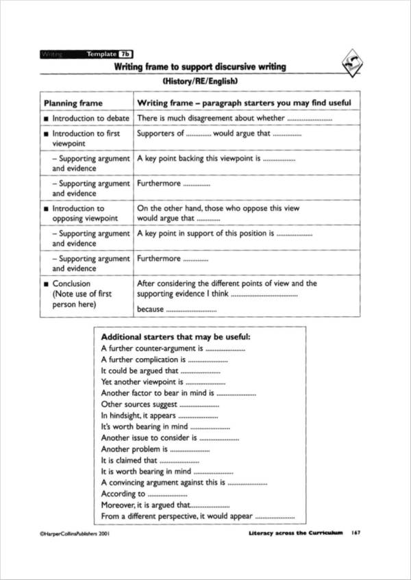 discursive writing frame sample