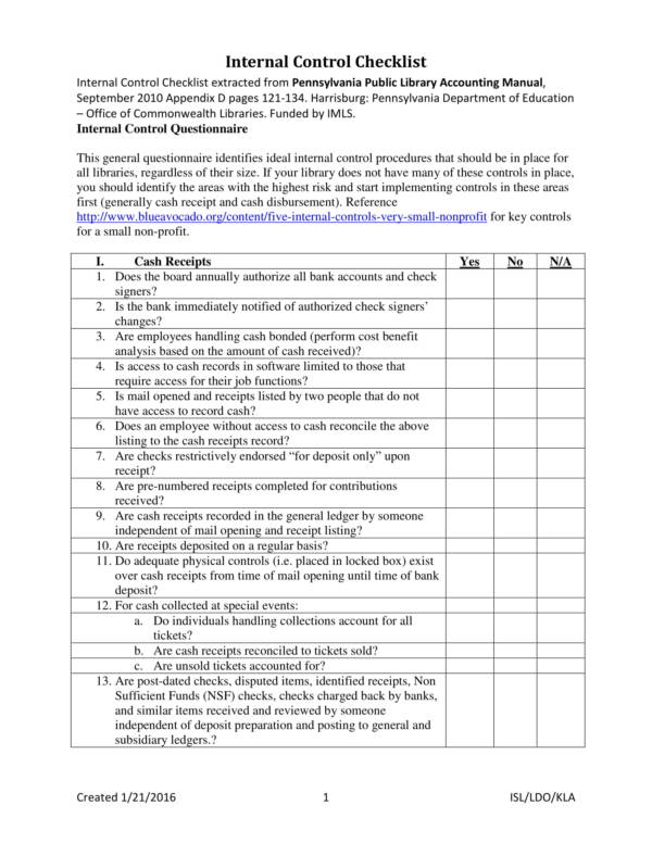 internal control checklist for state public libraries