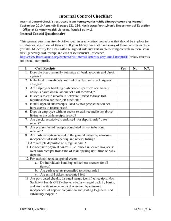 Internal Control Checklist Template