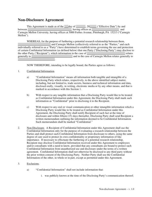 non disclosure agreement template for research