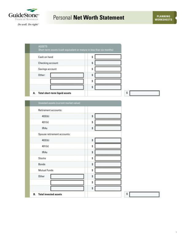 personal net worth statement sample and planning worksheet