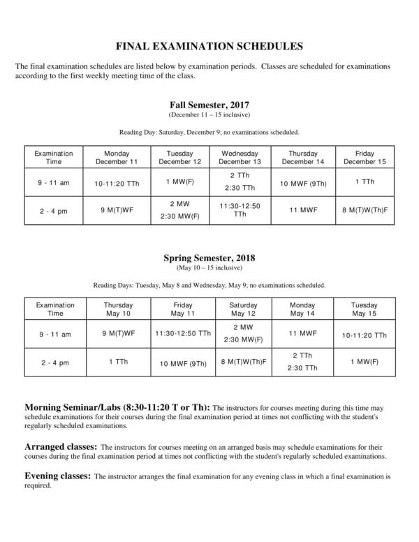 printable final exam test schedule for 2017 18