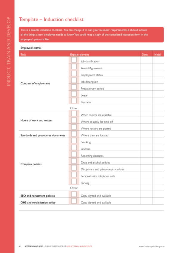 printable induction checklist template