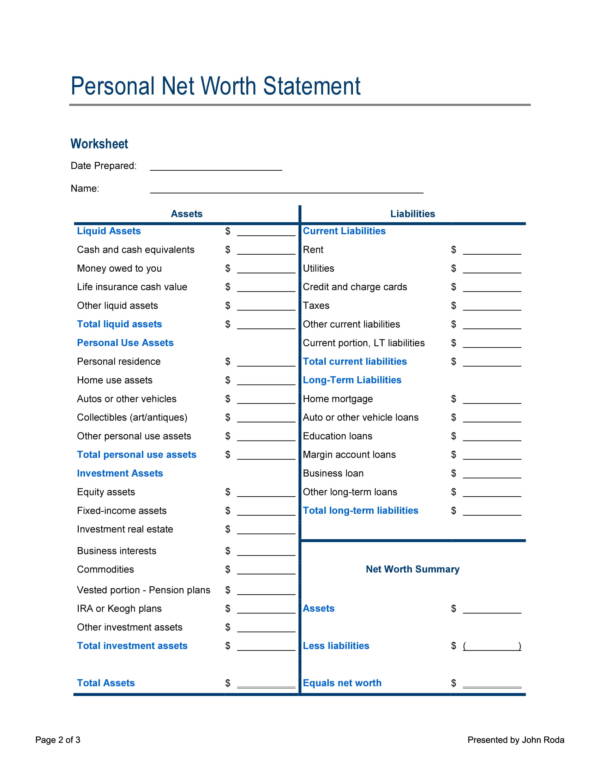 printable personal net worth statement template