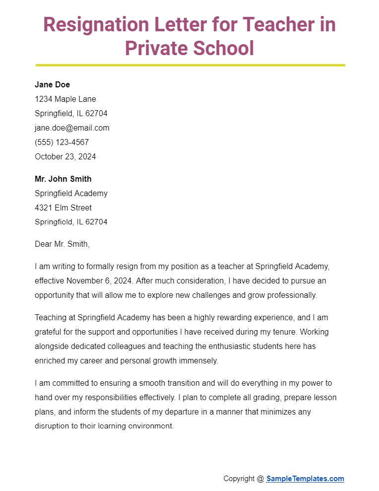 resignation letter for teacher in private school