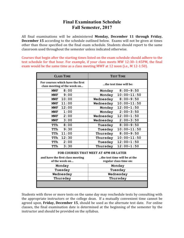 sample final exam schedule for fall