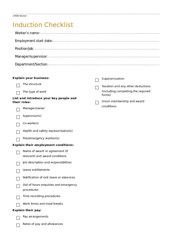 sample induction checklist