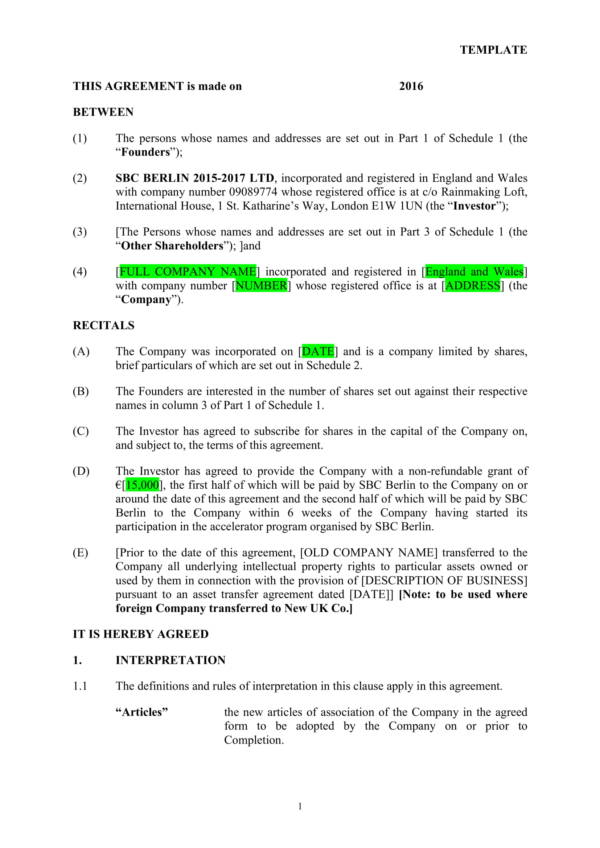 sample investment agreement template