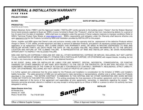 sample material and installation warranty