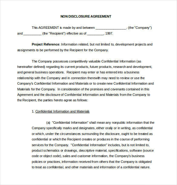 sample non disclosure agreement template