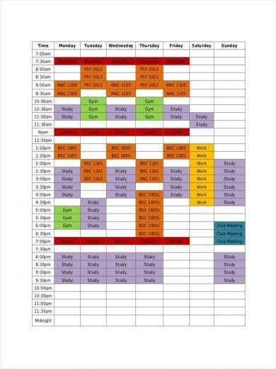 student daily schedule template free printable