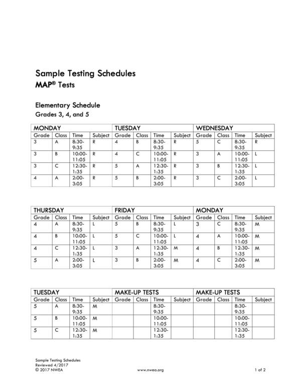sample test schedules for elementary students