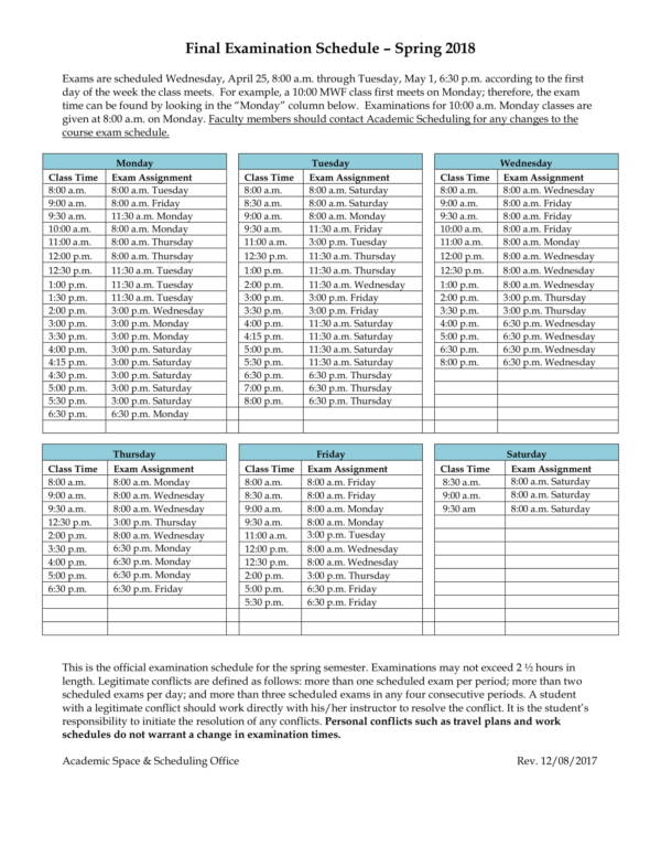 spring test schedule sample