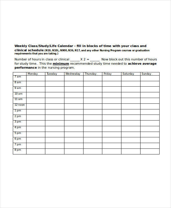 student weekly class schedule template1