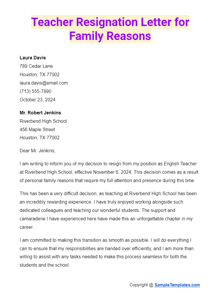 teacher resignation letter for family reasons