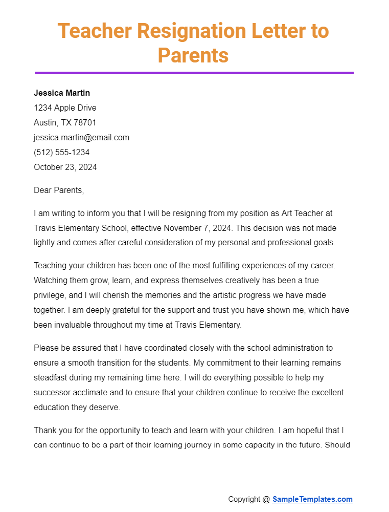 teacher resignation letter to parents